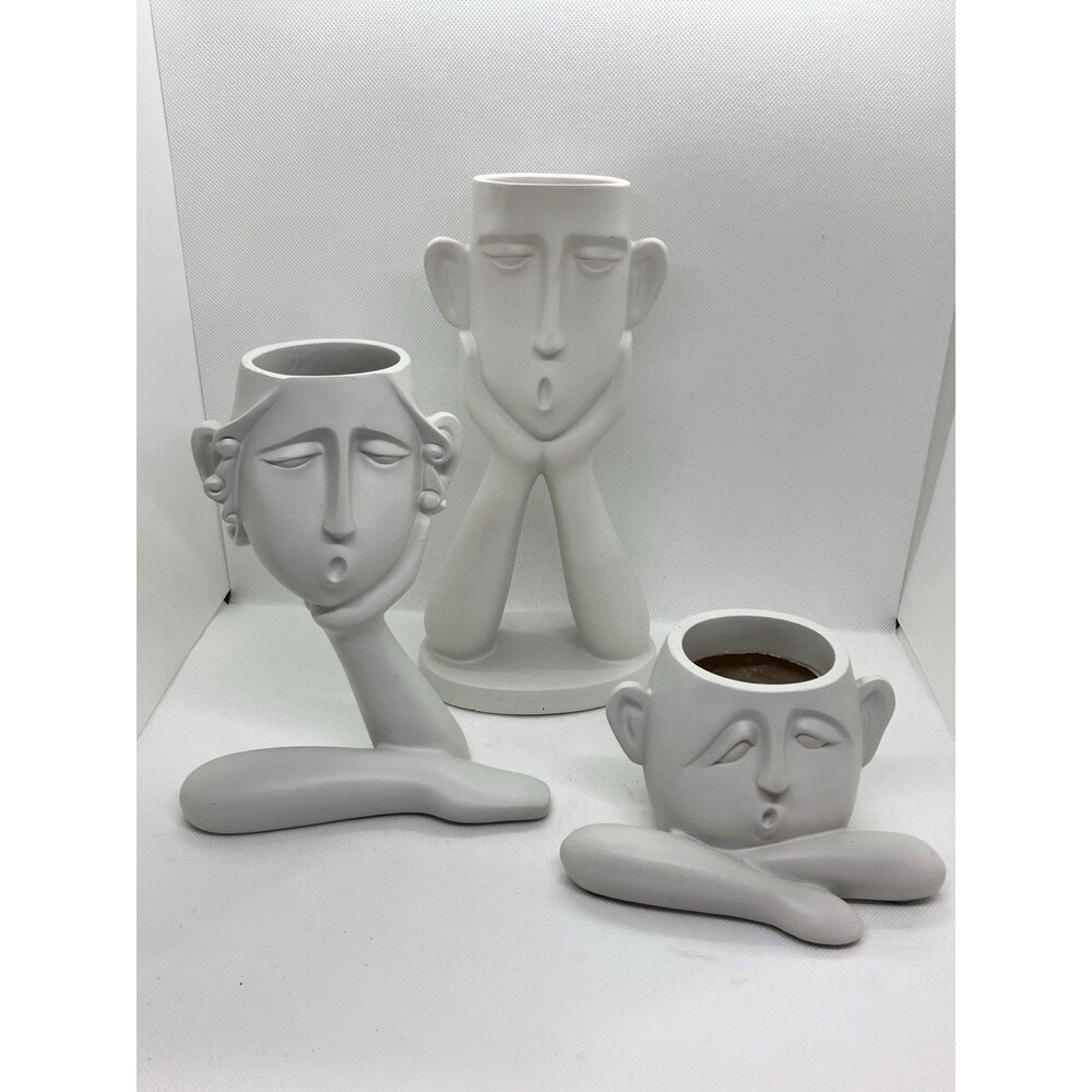 Trio Of Head Succulent Planters In Deep Thought. Resin Composite White